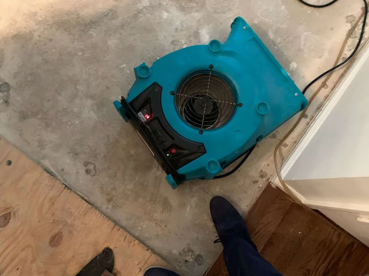 Air mover drying subfloor during Commercial Water Damage Restoration in North Brunswick